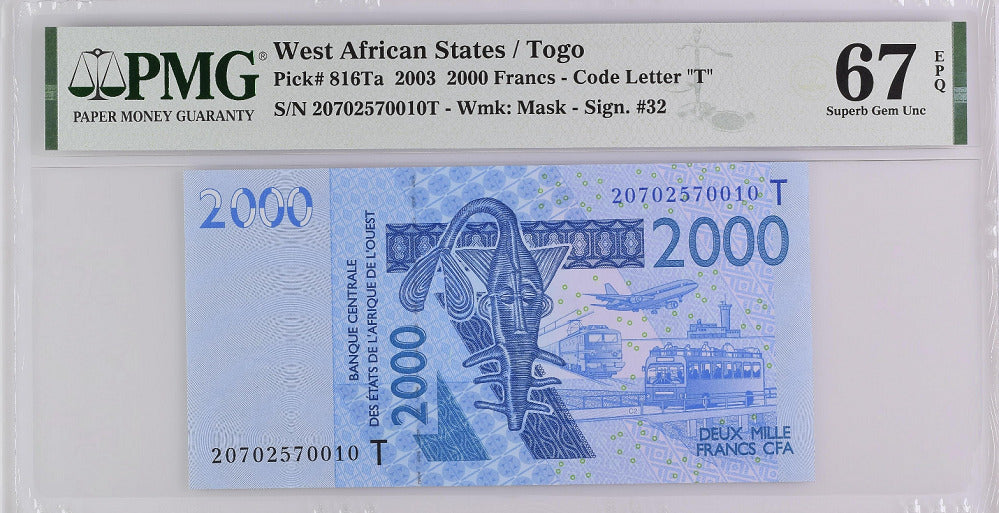 West African States 2000 Francs 2003 P 816 Ta Superb GEM UNC PMG 67 EPQ TOP