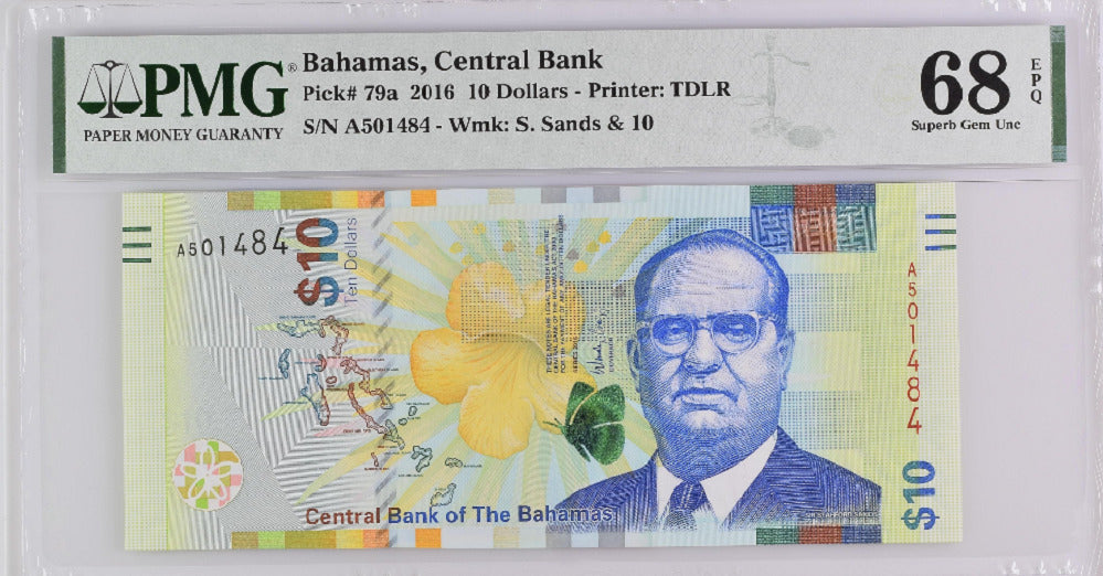 Bahamas 10 Dollars 2016 P 79 a SUPERB GEM UNC PMG 68 EPQ