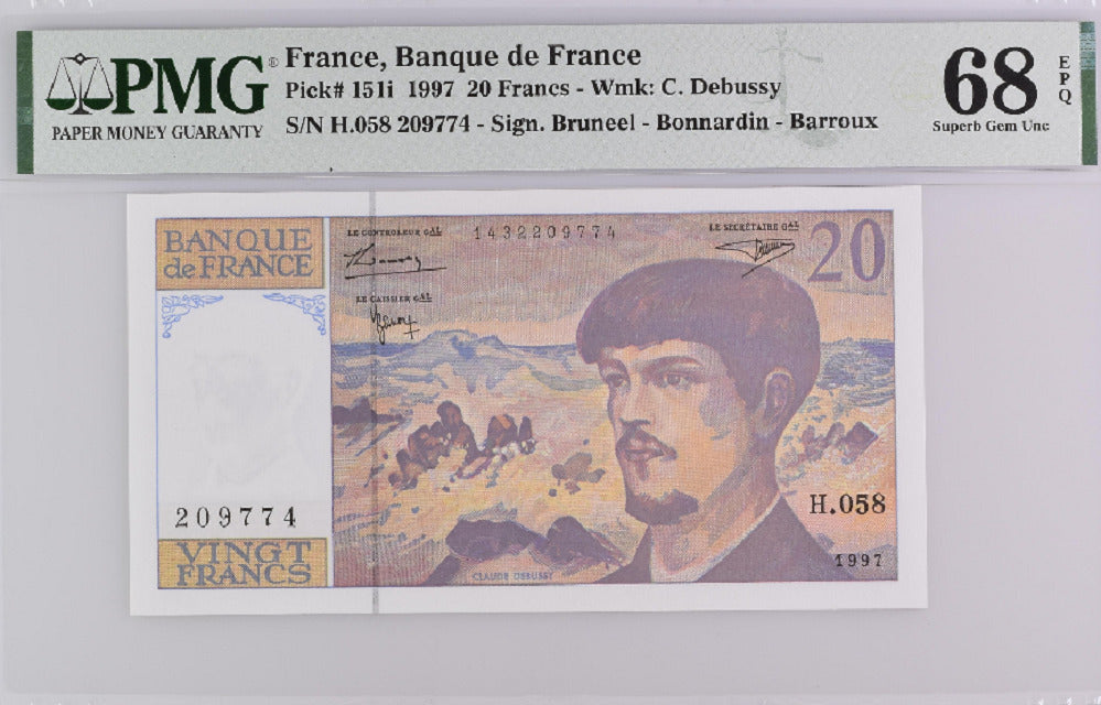 France 20 Francs 1997 P 151 i Superb GEM UNC PMG 68 EPQ Top Pop