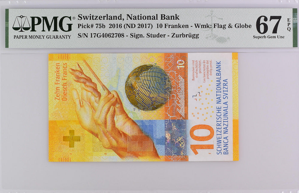 Switzerland 10 Franken 2016 P 75 b Superb Gem UNC PMG 67 EPQ