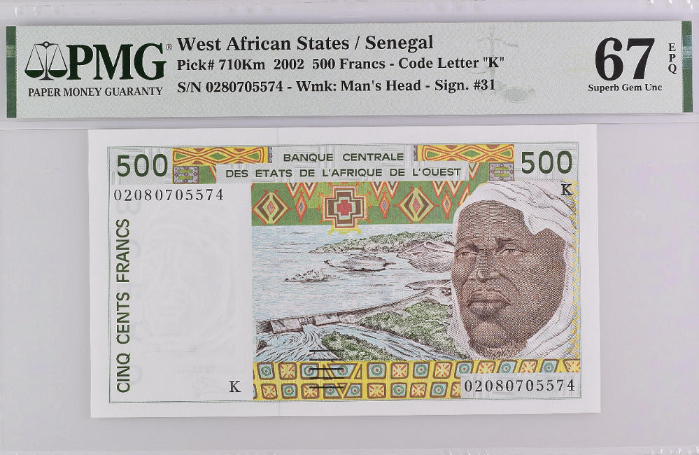 West African States 500 Francs 2002 P 710 Km Superb GEM UNC PMG 67 EPQ