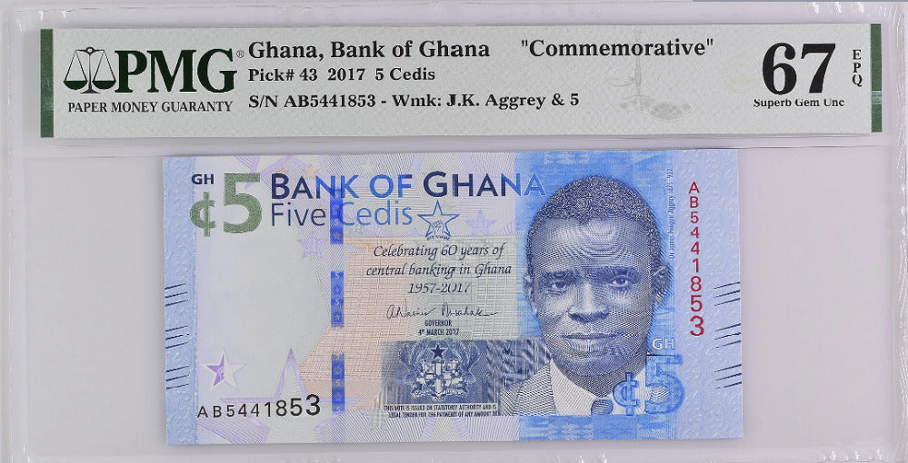 Ghana 5 Cedis 2017 P 43 Superb Gem UNC PMG 67 EPQ