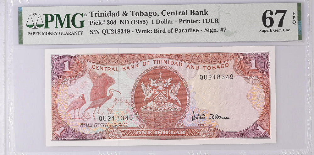 Trinidad & Tobago 1 Dollar 1985 P 36 d SUPERB GEM UNC PMG 67 EPQ