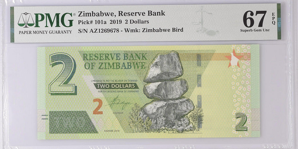 Zimbabwe 2 dollars 2019 P 101 a Superb GEM PMG 67 EPQ