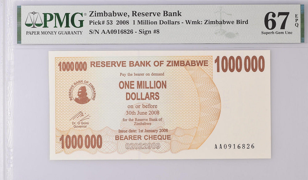 Zimbabwe 1 Million Dollars 2008 P 53 Superb Gem UNC PMG 67 EPQ