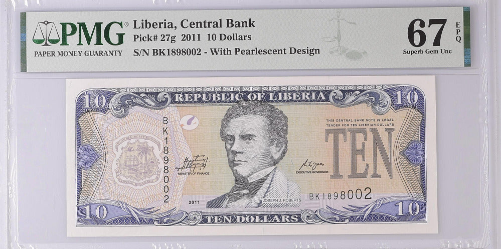 Liberia 10 Dollars 2011 P 27 g Superb Gem UNC PMG 67 EPQ Top Pop