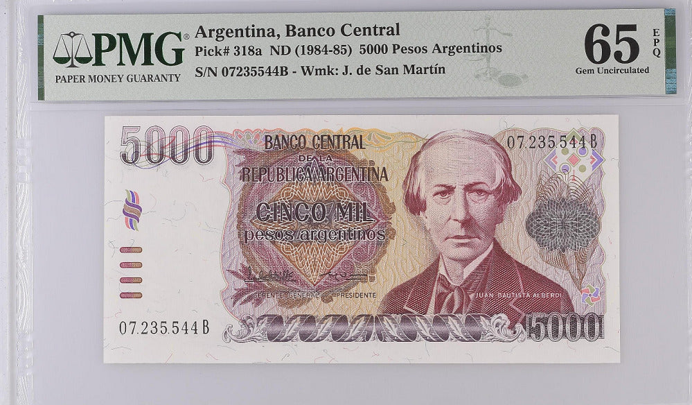 Argentina 5000 Pesos ND 1984-1985 P 318 a Gem UNC PMG 65 EPQ