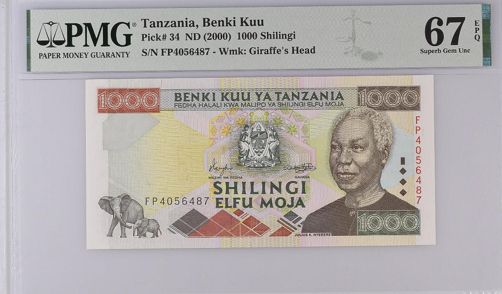 Tanzania 1000 Shillingi Nd 2000 P 34 Superb Gem UNC PMG 67 EPQ