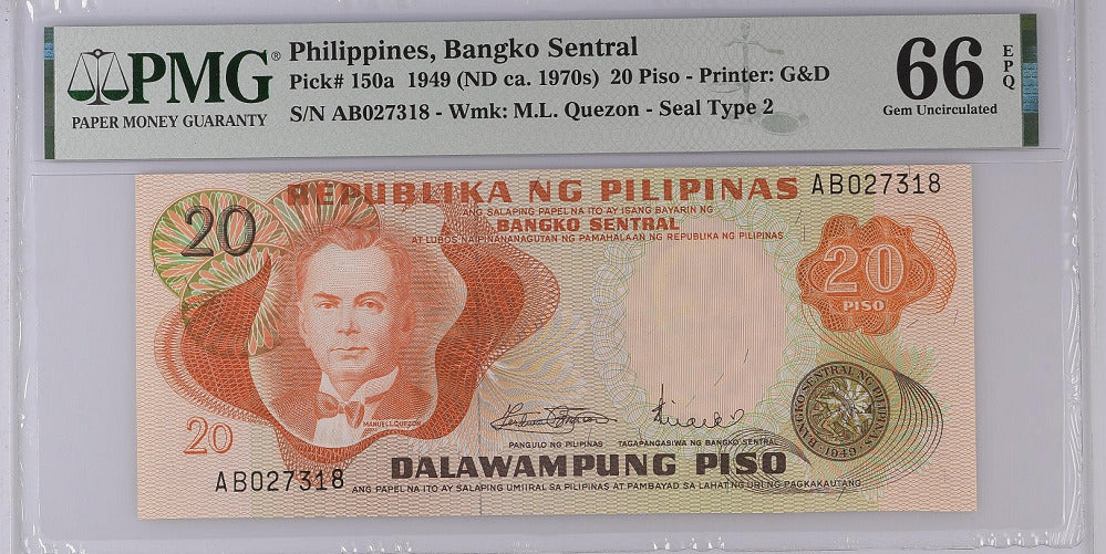 Philippines 20 Piso Peso 1949  P 150 a Gem UNC PMG 66 EPQ