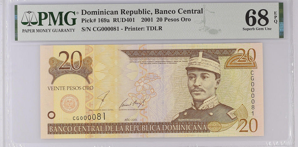 Dominican Republic 20 Pesos 2001 P 169 a Superb GEM UNC PMG 68 EPQ Top Pop