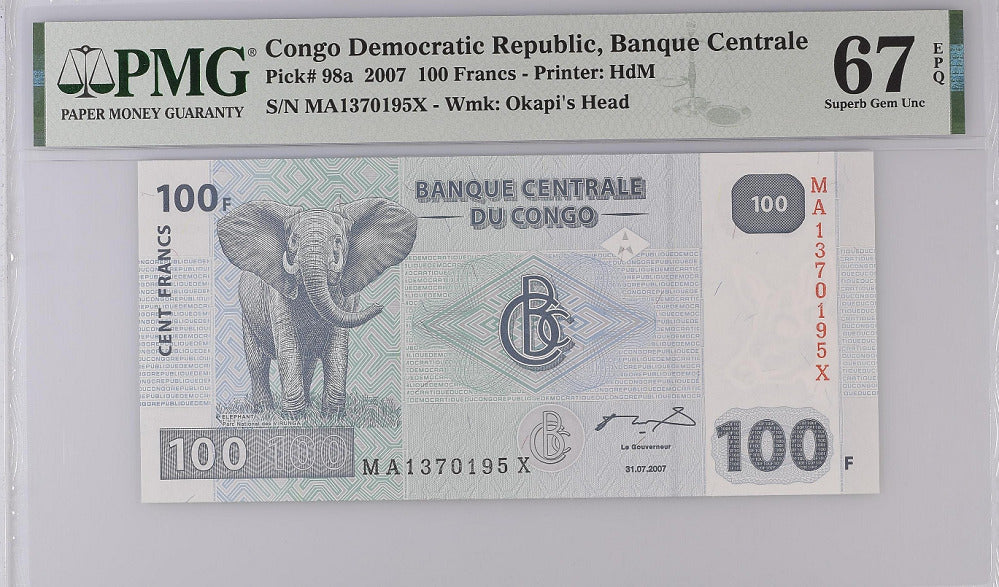 Congo 100 Francs 2007 P 98 a Superb Gem UNC PMG 67 EPQ Top Pop