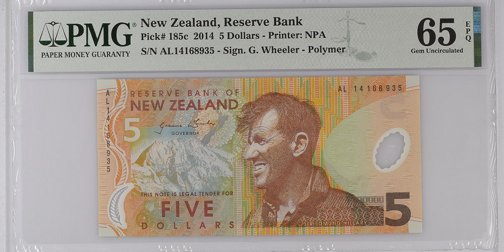 New Zealand 5 Dollars 2014 P 185 c Gem UNC PMG 65 EPQ