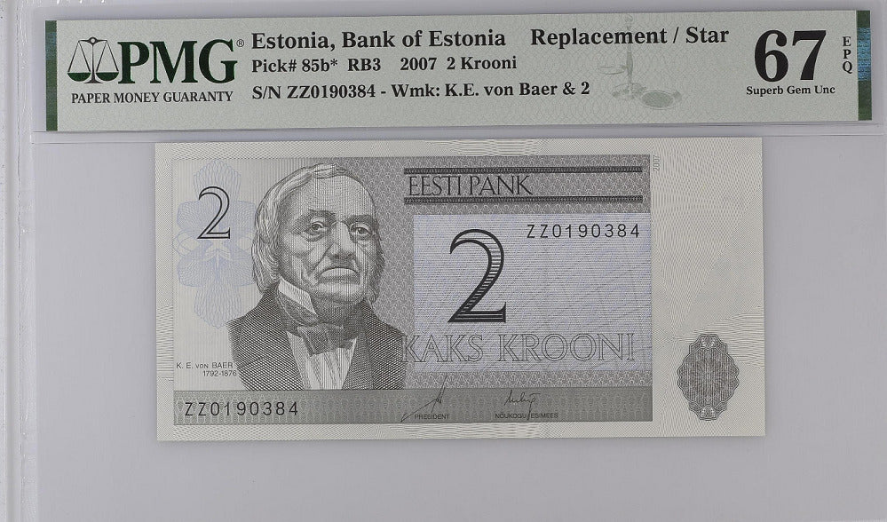 Estonia 2 Krooni 2007 P 85 b* Replacement  Superb Gem UNC PMG 67 EPQ