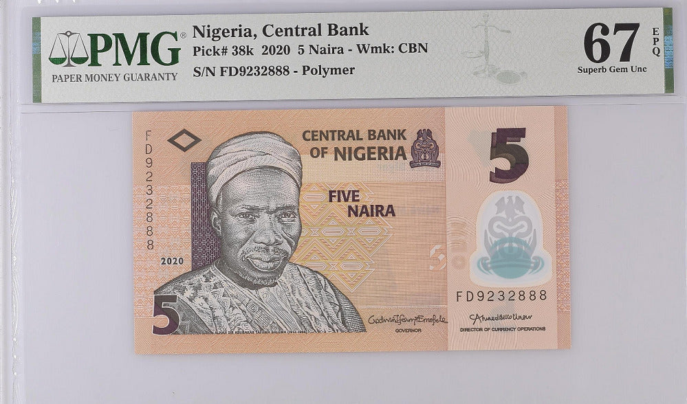 Nigeria 5 Naira 2020 P 38 k Superb Gem UNC PMG 67 EPQ