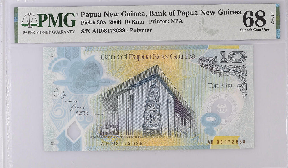 Papua New Guinea 10 Kina 2008 P 30 a  Superb Gem UNC PMG 68 EPQ