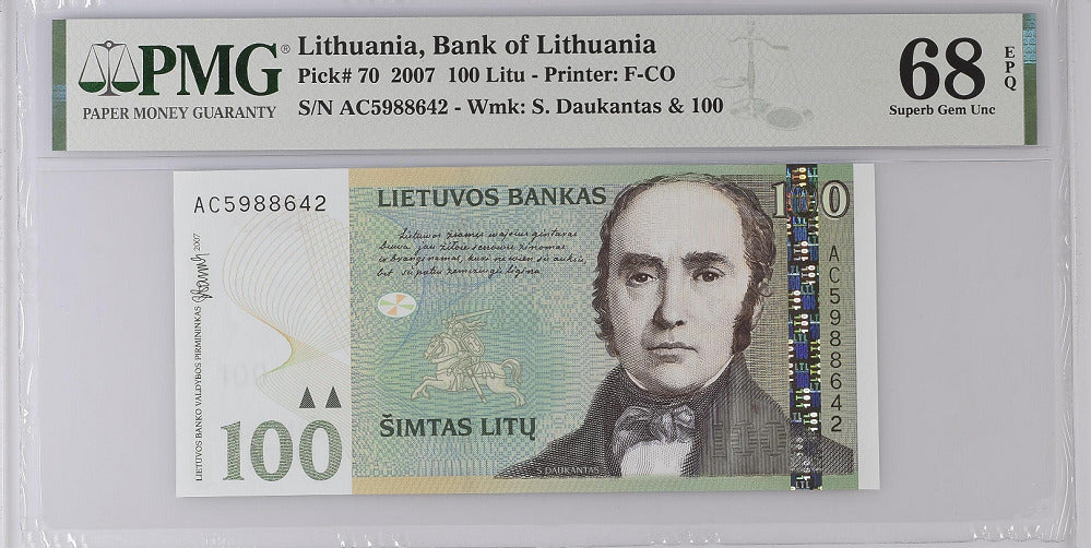 Lithuania 100 Litu 2007 P 70 Superb  Gem UNC PMG 68 EPQ
