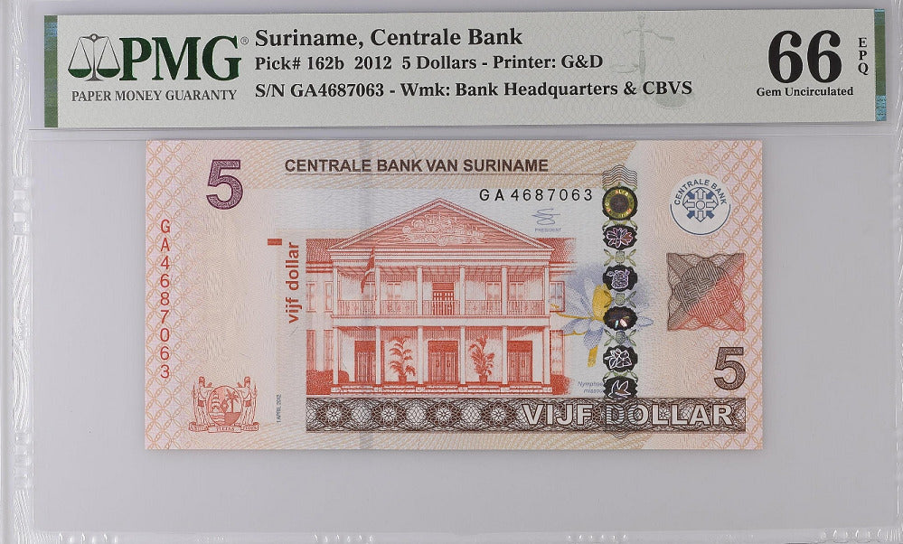 Suriname 5 Dollars 2012 P 162 b Gem UNC PMG 66 EPQ