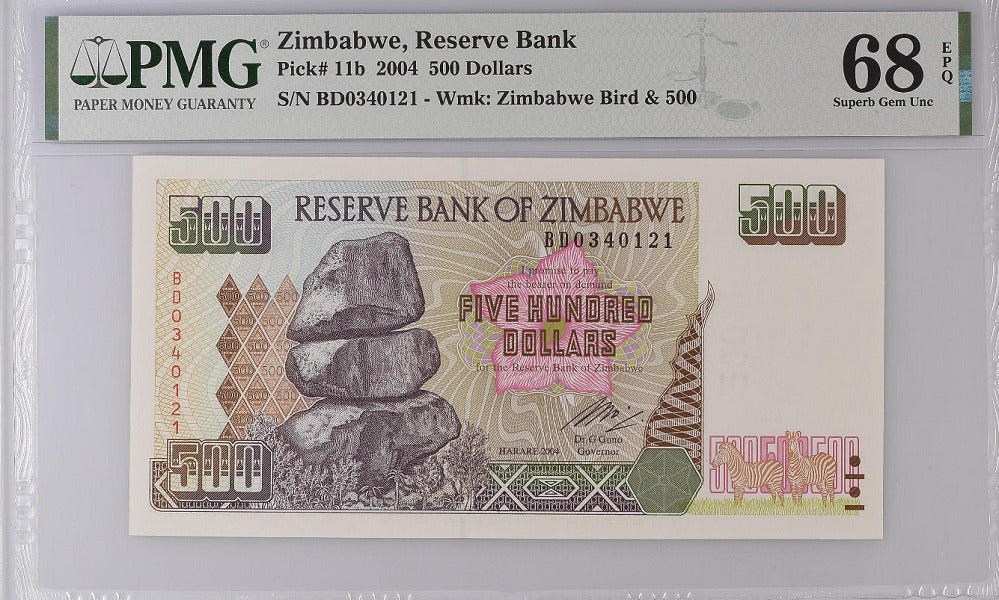 Zimbabwe 500 Dollars 2004 P 11 b Superb GEM UNC PMG 68 EPQ