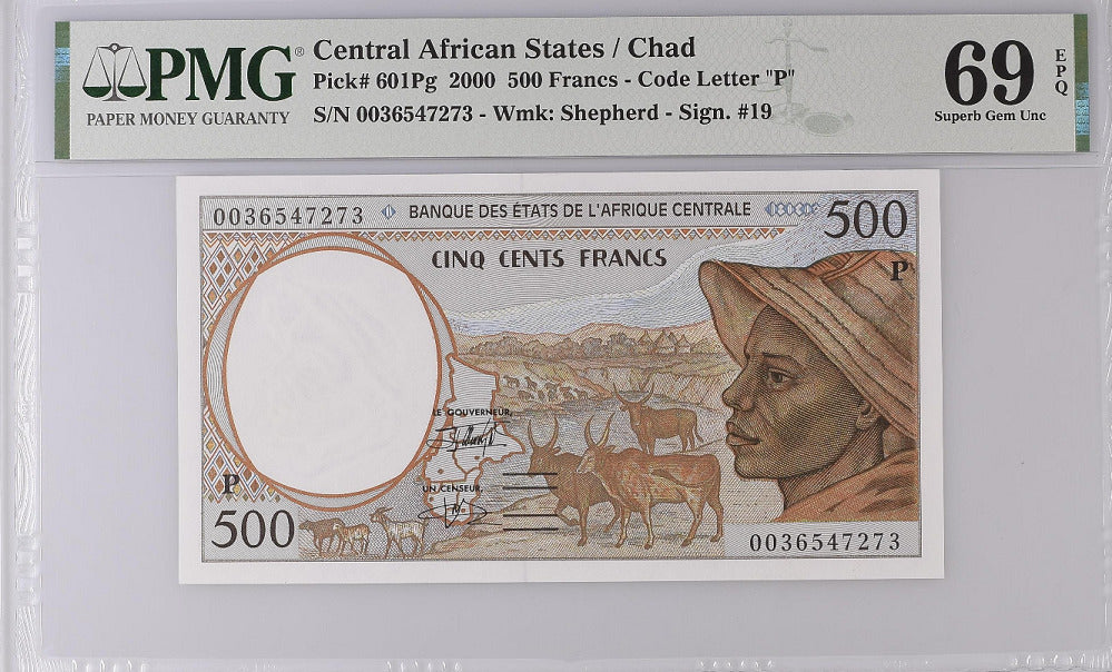 Central African States Chad 500 FR 2000 P 601Pg Superb Gem UNC PMG 69 EPQ Top