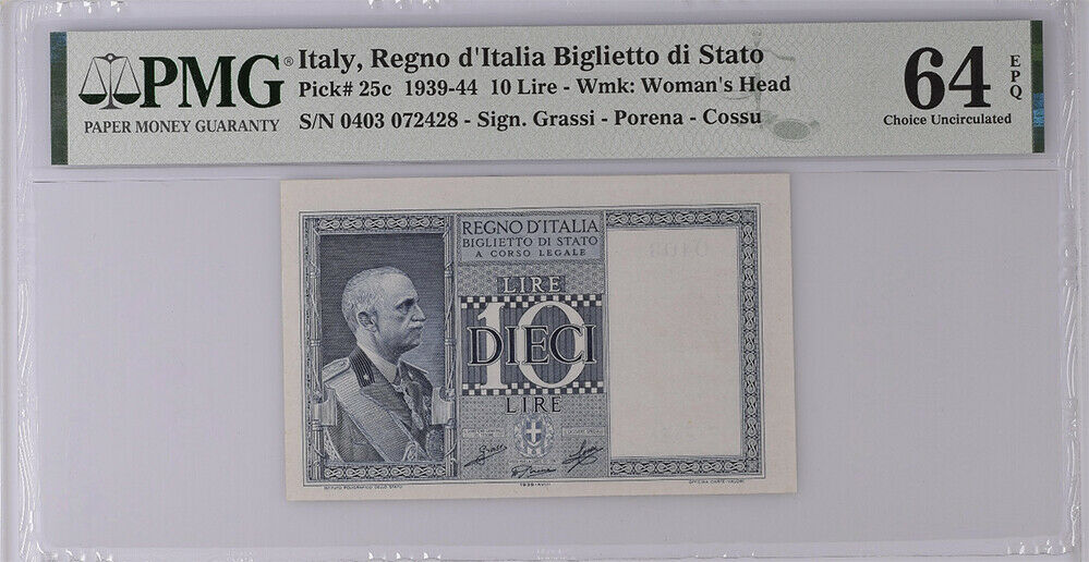 Italy 10 Lire 1939 P 25 a Choice UNC PMG 64 EPQ