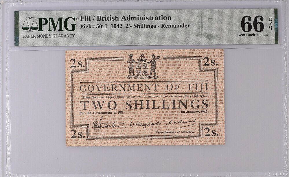 Fiji 2 Shilling British Administration 1942 P 50R1 Gem UNC PMG 66 EPQ Top Pop