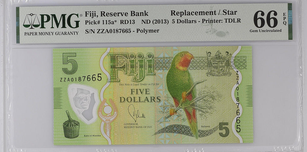 Fiji 5 Dollars ND 2013 P 115 a* Replacement Gem UNC PMG 66 EPQ