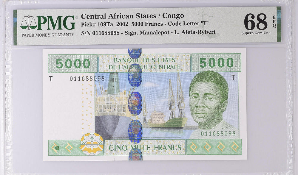 Central African States 5000 FR. 2002 P 109 Ta Superb Gem UNC PMG 68 EPQ Top Pop