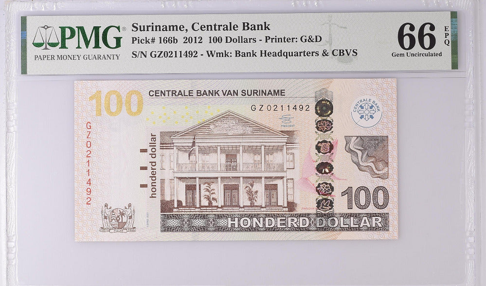 Suriname 100 Dollars 2012 P 166 B Gem UNC PMG 66 EPQ