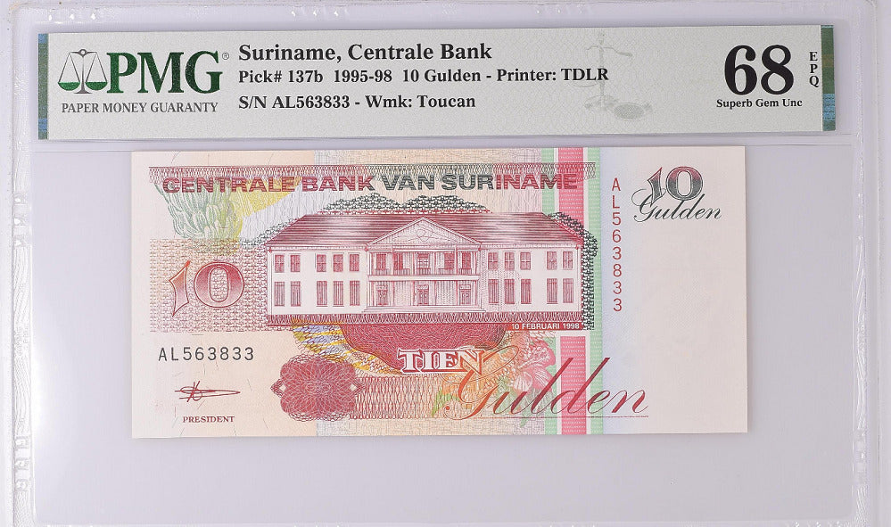 Suriname 10 Gulden 1995-1998 P 137 b Superb Gem UNC PMG 66 EPQ Top Pop