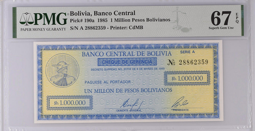 Bolivia  1 Million Pesos 1985 P 190 a Superb Gem UNC PMG 67 EPQ Top Pop