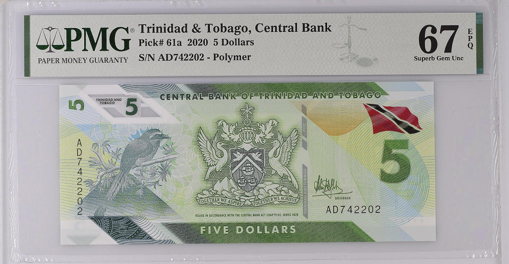 Trinidad & Tobago 5 Dollars 2020 P 61 a Superb Gem UNC PMG 67 EPQ