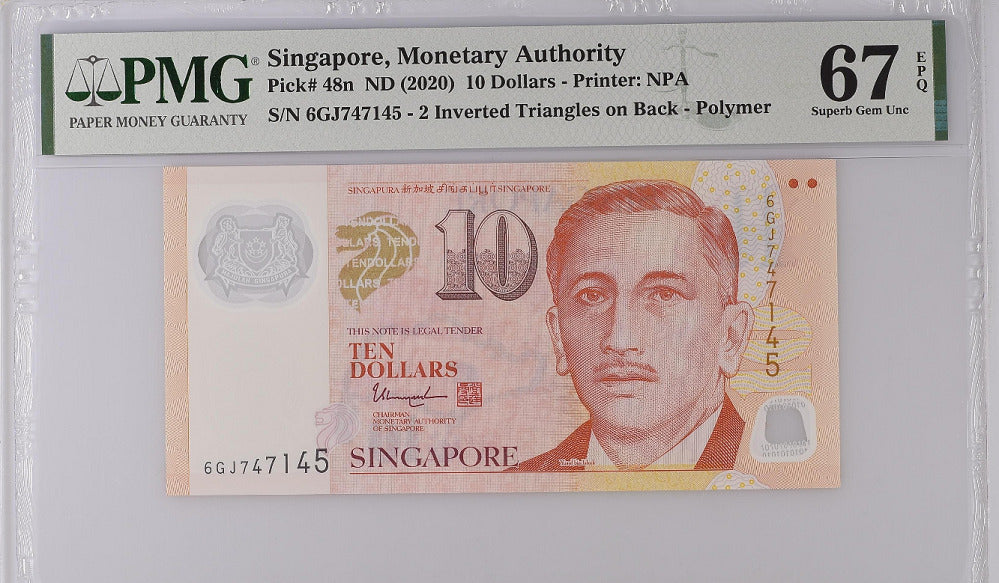 Singapore 10 Dollars ND 2020 P 48 n Superb Gem UNC PMG 67 EPQ