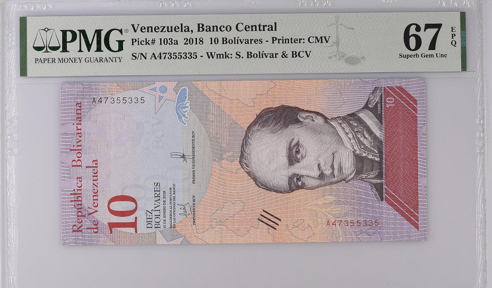 Venezuela 10 Bolivares 2018 P 103 a Superb Gem UNC PMG 67 EPQ