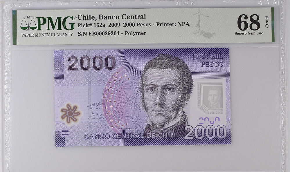 Chile 2000 Pesos 2009 P 162 a Superb Gem UNC PMG 68 EPQ TOP POP