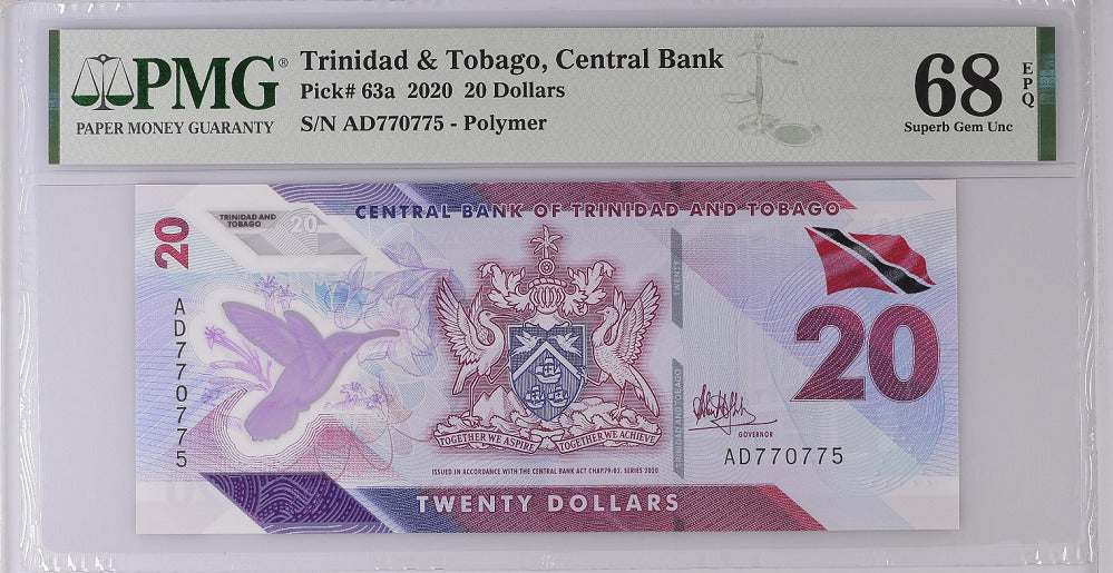 Trinidad & Tobago 20 Dollars ND 2020 P 63 a Superb Gem UNC PMG 68 EPQ Top Pop