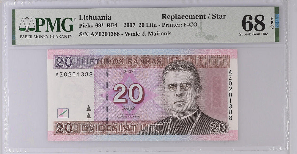 Lithuania 20 Litu 2007 P 69 * Replacem Superb Gem UNC PMG 68 EPQ Top Pop