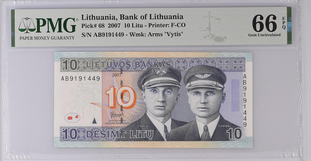 Lithuania 10 Litu 2007 P 68 Gem UNC PMG 66 EPQ