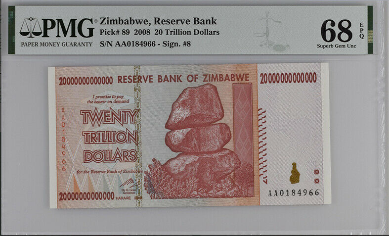 Zimbabwe 20 Trillion Dollars 2008 P 89 Superb GEM UNC PMG 68 EPQ