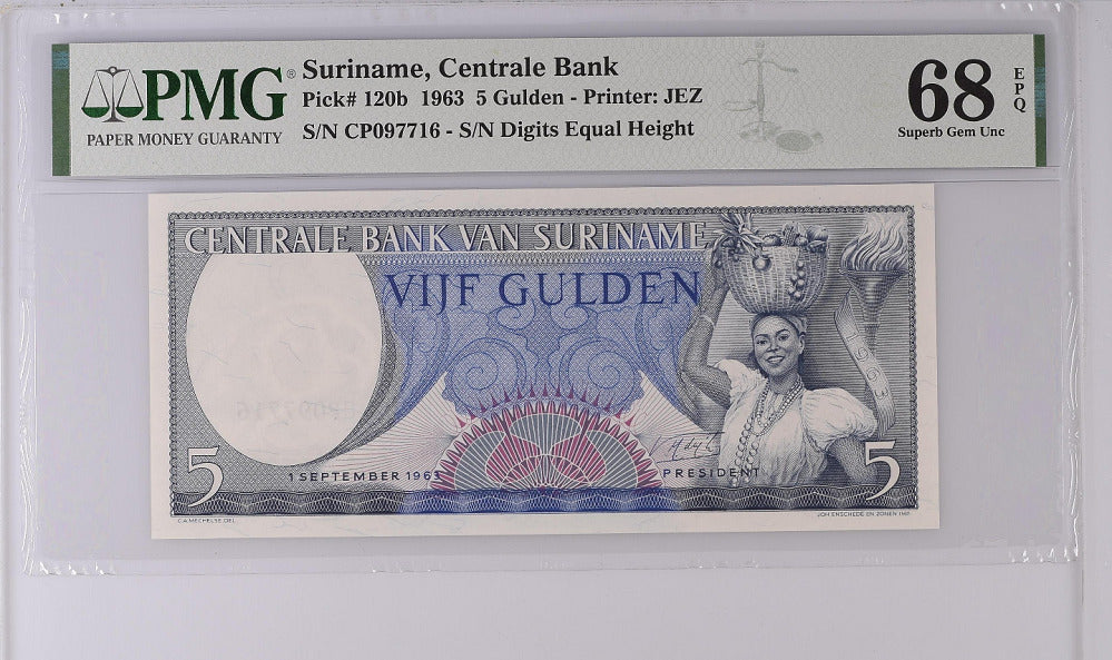 Suriname 5 Gulden 1963 P 120 b Superb GEM UNC PMG 68 EPQ