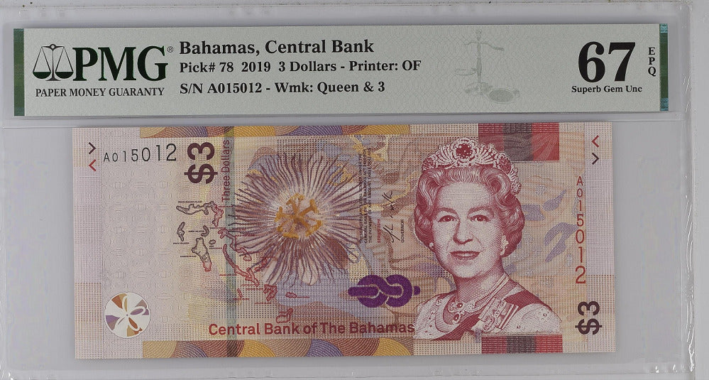 Bahamas 3 Dollars 2019 P 78 Superb Gem UNC PMG 67 EPQ