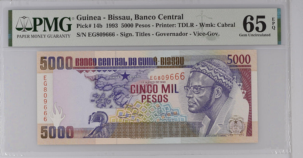Guinea Bissau 5000 Pesos 1993 P 14 b Gem UNC PMG 65 EPQ