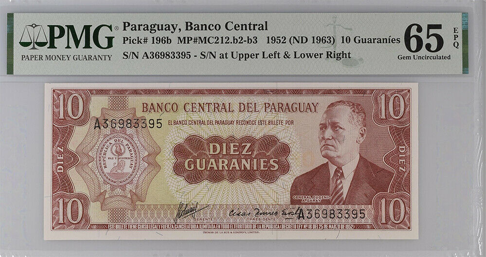 Paraguay 10 Guaranies 1952/1963 P 196 b GEM UNC PMG 65 EPQ
