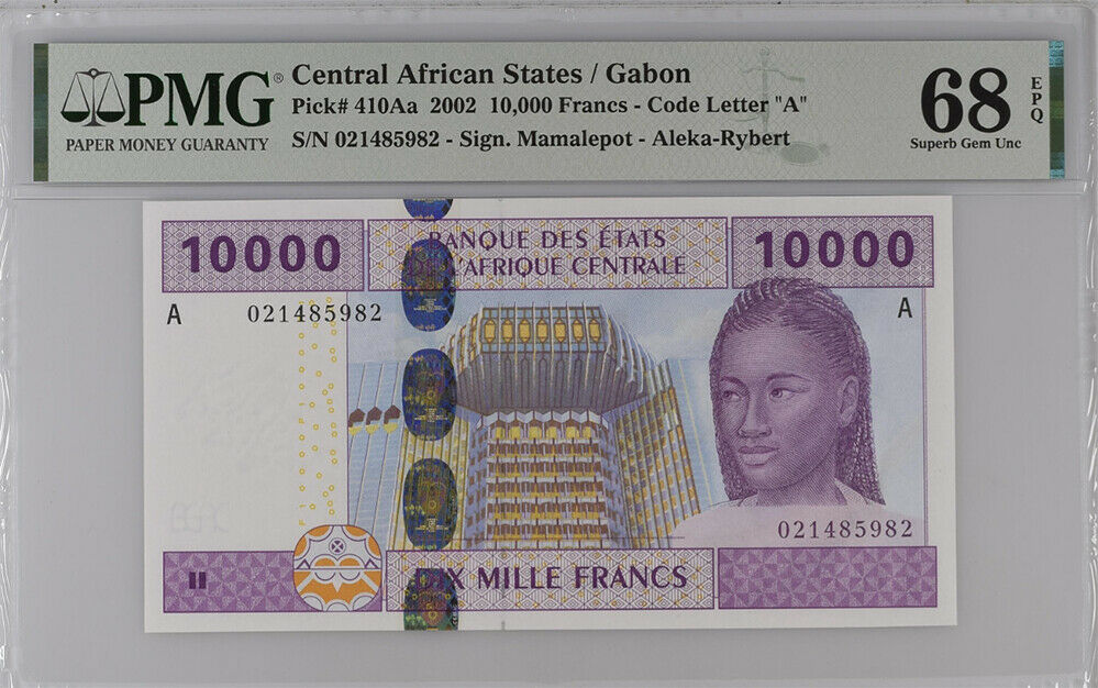 Central African States Gabon 10000 Fr. 2002 P 410 Aa Superb Gem UNC PMG 68 EPQ