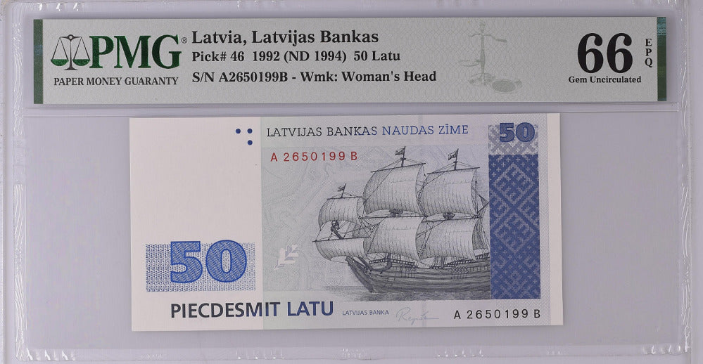 Latvia 50 Latu 1992/1994 P 46 GEM UNC PMG 66 EPQ