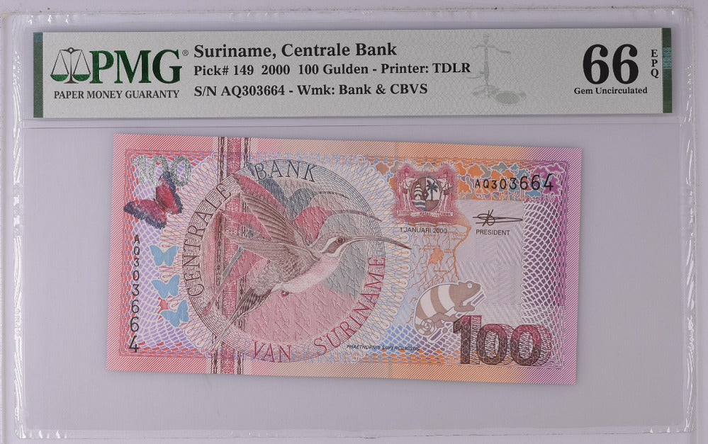 Suriname 100 Gulden 2000 P 149 Gem UNC PMG 66 EPQ