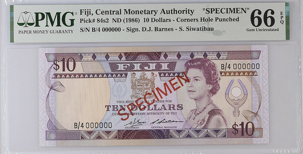 Fiji 10 Dollars ND 1986 P 84s2 SPECIMEN Gem UNC PMG 66 EPQ