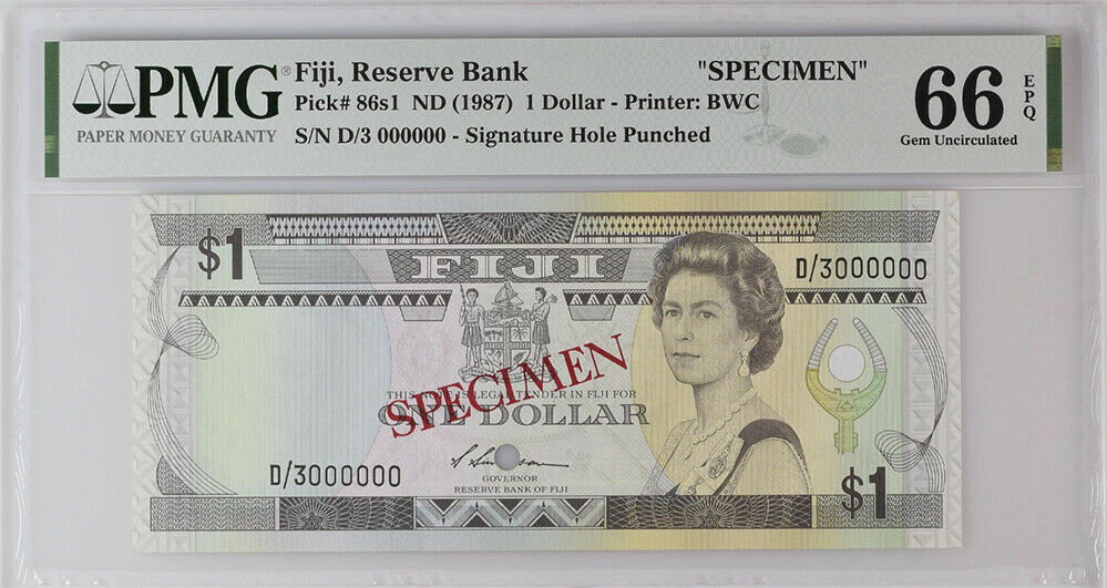 Fiji 1 Dollar ND 1987 P 86s1 SPECIMEN D/3 000000 Gem UNC PMG 66 EPQ