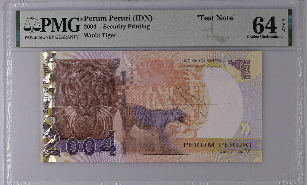 Indonesia Test Note Perum Peruri Tiger KBA-Giori 1971-2004 Choice UNC PMG 64 EPQ