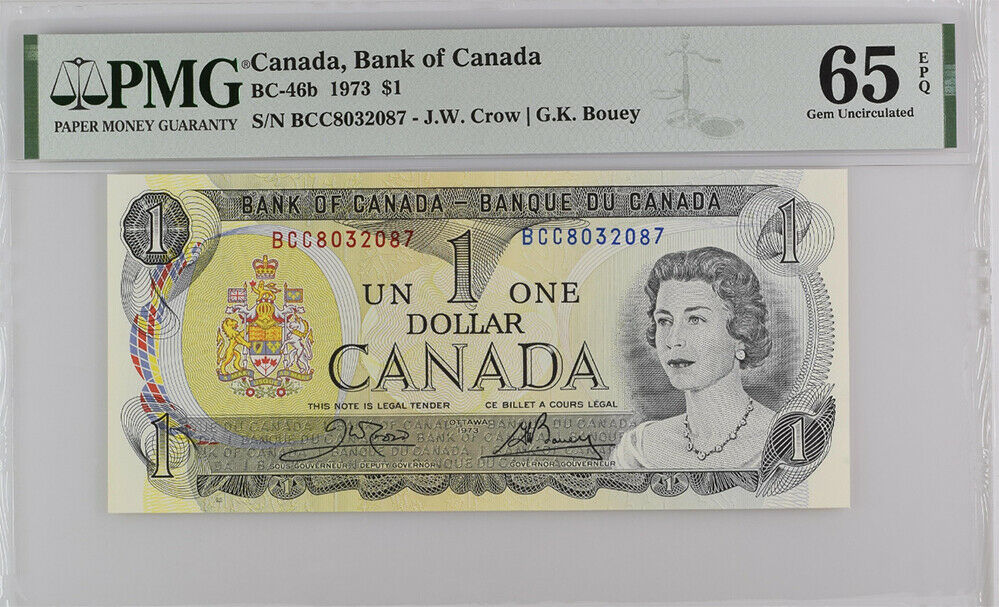 Canada 1 Dollar 1973 P 85 c Crow Bouey GEM UNC PMG 65 EPQ