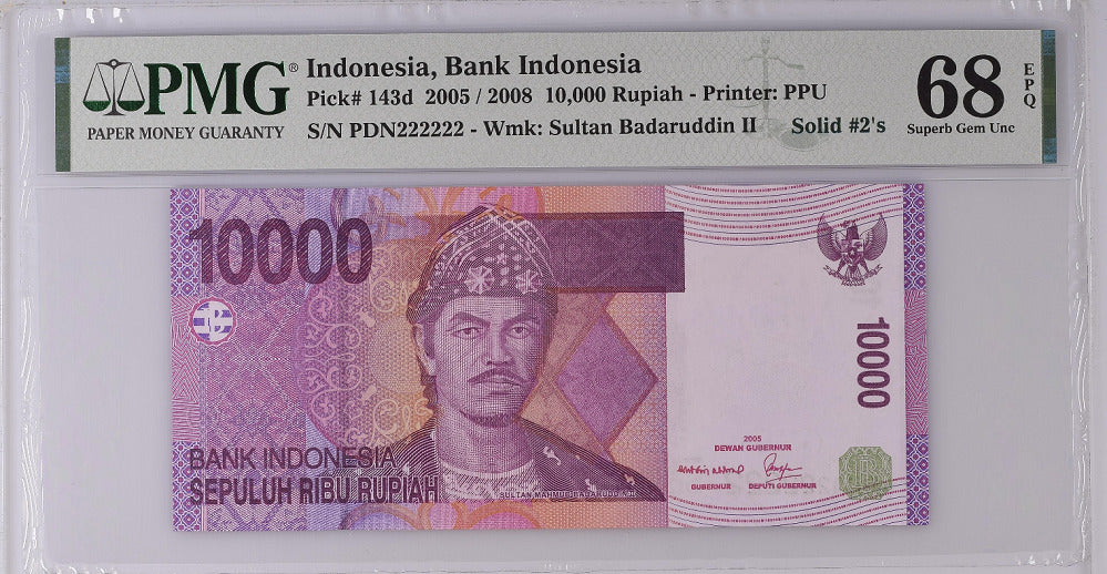 Indonesia 10000 Rupiah 2005/2008 P 143 d Solid 2 Superb GEM UNC PMG 68 EPQ TOP